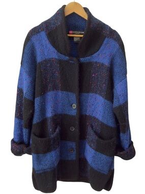 Vintage I.B. Diffusion Mohair Blend Blue Black 90s Cardigan Sweater Coat. Medium